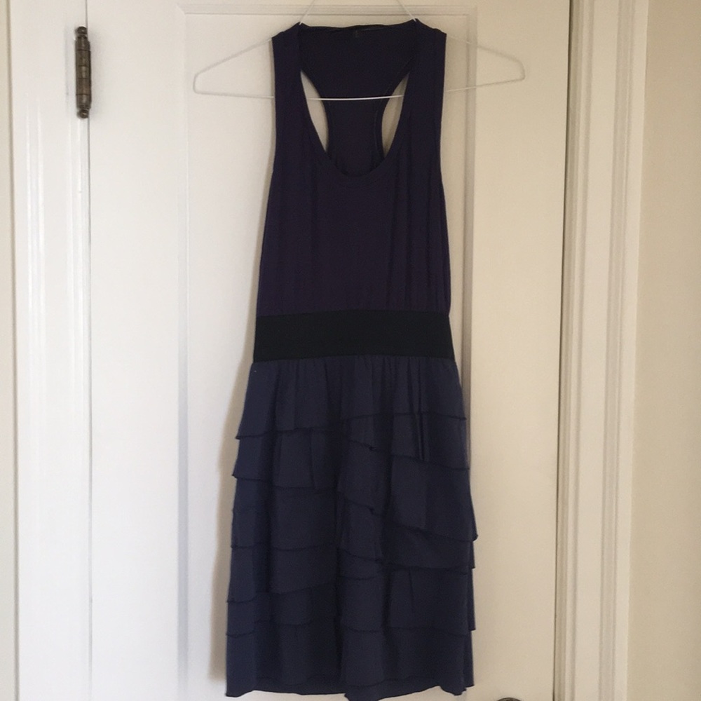 BCBG navy dress with racerback and ruffled skirt